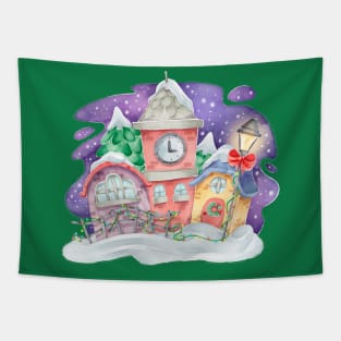 Christmas Watercolor Town Tapestry