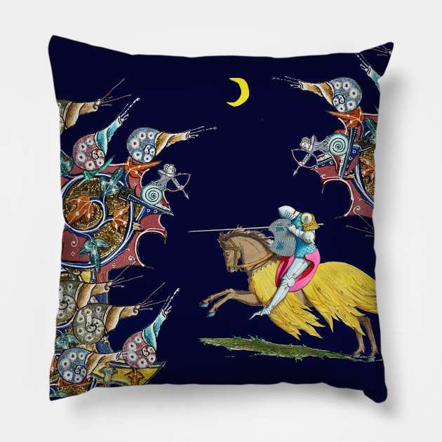 WEIRD MEDIEVAL BESTIARY WAR, KNIGHT HORSEBACK COMBATTING GIANT SNAILS IN THE NIGHT Pillow by BulganLumini