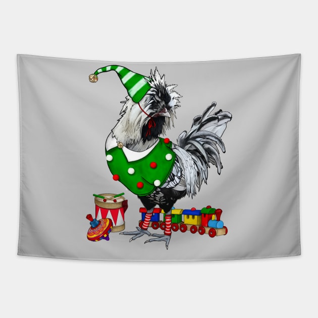 Silver Laced Polish Rooster Elf With Toys Tapestry by Ashley D Wilson