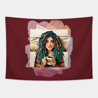 Coffee First (blue dreads girl holds steaming cup) Tapestry