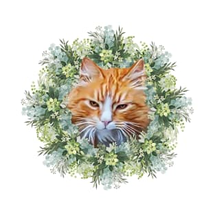 Handsome Orange Tomcat with Leafy Flower Background, Digital Cat Painting T-Shirt