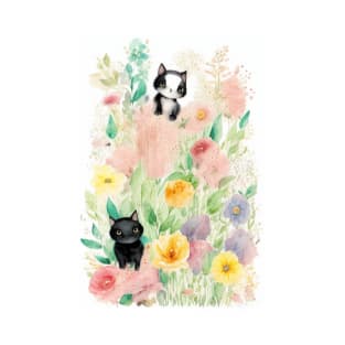 Black Cats in the Flower Garden Soft Pastel Colors T-Shirt