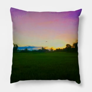 Rainbow Sky, Orange Sunset and Green Fields Pillow