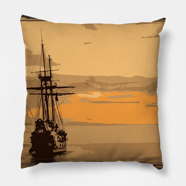 Vintage sailing ship at sunset Pillow by totalcare