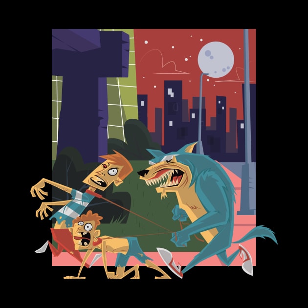 Funny werewolf goes for a walk with 2 people by rueckemashirt