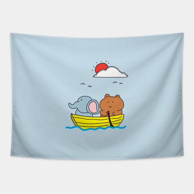 cute elephant and bear on a wooden boat Tapestry by wordspotrayal