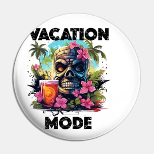 Tiki Statue Next To Beer - Vacation Mode (Black Lettering) Pin