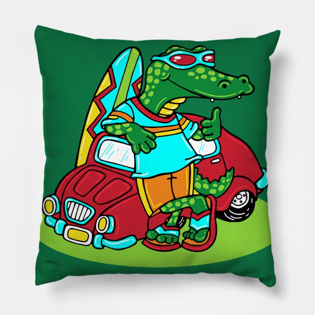 Mr. Croco surfer Pillow by JoanaJuheLaju1