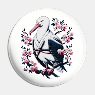 Kawaii Samuraii Albatross Bird Warrior Cute on Branch Blossom Pin