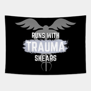 Runs with trauma shears blue and white text with caduceus design Tapestry