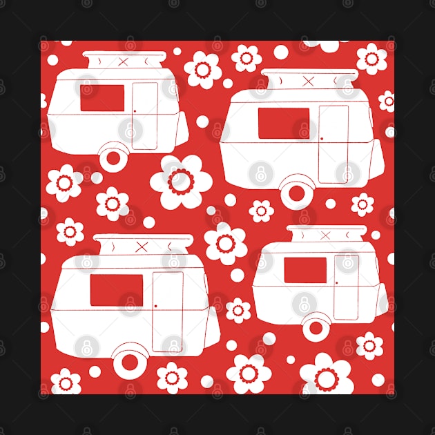 Daisy Polka Dot Vintage Caravan Pattern in Red and White by NattyDesigns