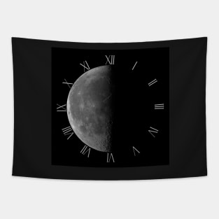 Waning crescent moon on black sky clock Tapestry