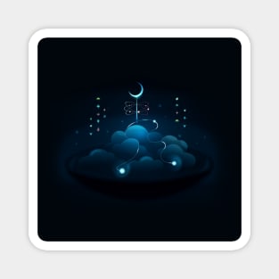 Fantasy dark beautiful night, moon, needle, and clouds on a plate. Digital art illustration. Magnet