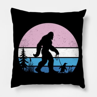 Bigfoot Sasquatch Walking A Penguin Vintage Sunset Seabird Pillow