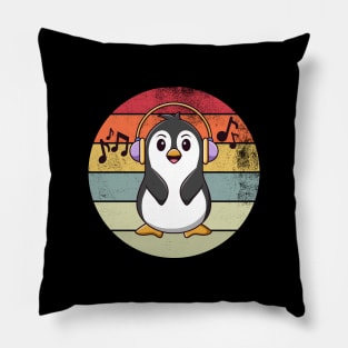 Retro Penguin Listening To Music Pillow