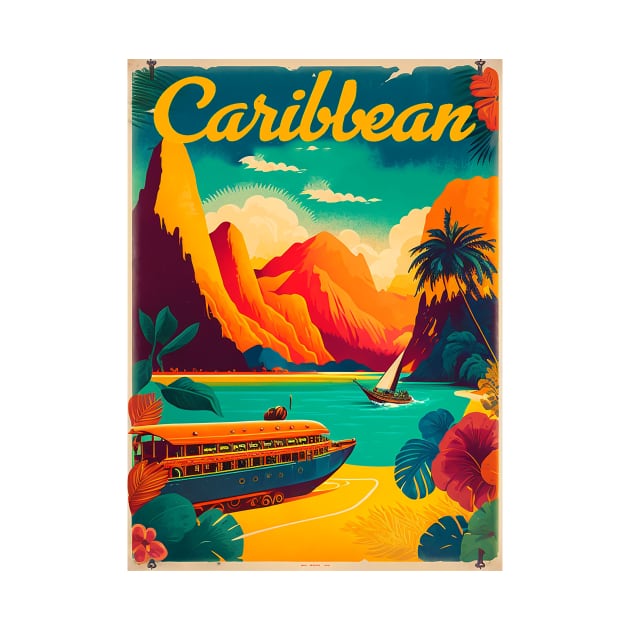 Caribbean Beach Vintage Travel Art Poster by OldTravelArt