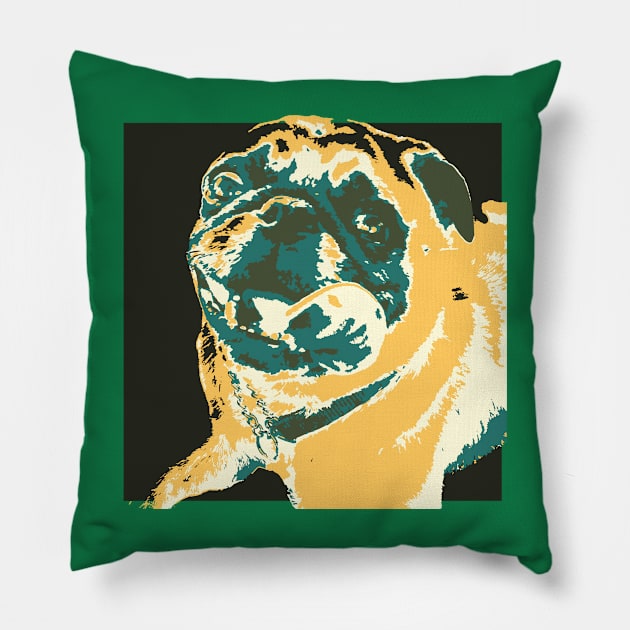 Yellow and Green Pop Art Smiling Pug Pillow by gloobella