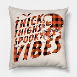 Thick Thighs Spooky Vibes Funny Halloween Skull Orange Plaid Pillow
