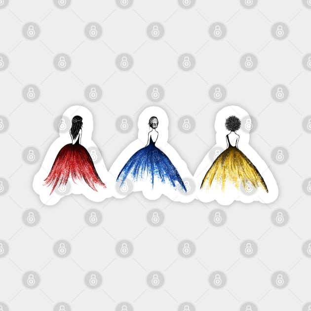 Ballgown Girls: Red, Blue, Yellow Magnet by sparkling-in-silence