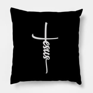 Jesus with cross white text Pillow