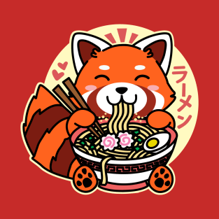 Red Panda Eating Ramen Cute Kawaii Noodles T-Shirt