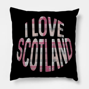 I LOVE SCOTLAND Pink, White and Grey Tartan Colour Typography Design Pillow