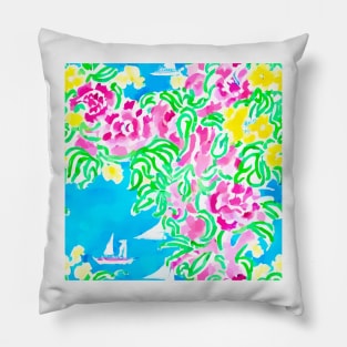 Yacht, sea, and roses markers and watercolor seamless pattern Pillow