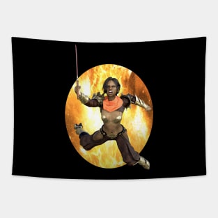 Warrior woman leaping from flames sword and armor Tapestry