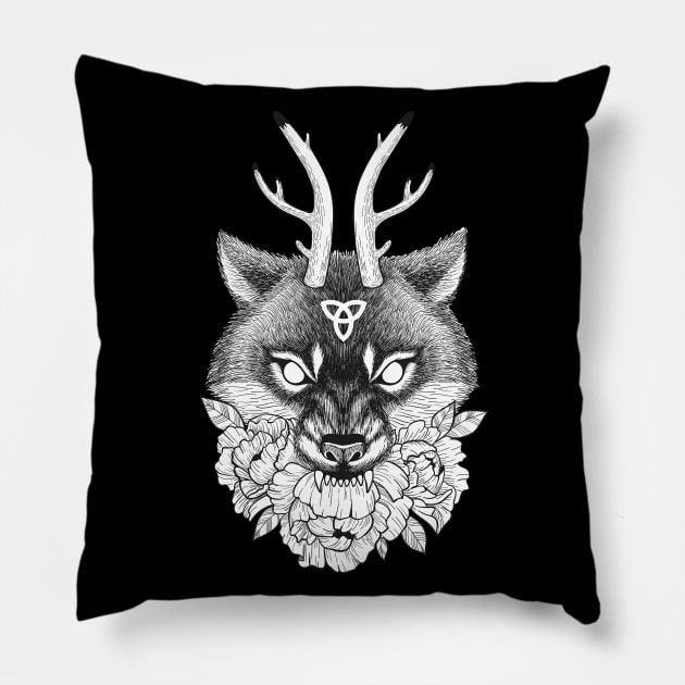 Wiccan wolf with horns and flowers Pillow by fears