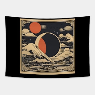 orange and black total solar eclipse 2024 japanese beaches vintage style Tapestry