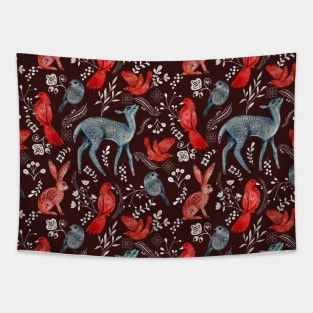 Wild Animal Deer, bird and rabbit Folk Pattern Tapestry