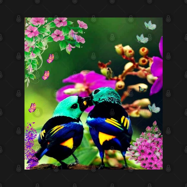 Love Birds  -  Butterflies - Flowers by The Global Worker