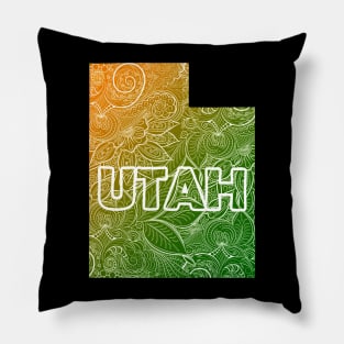 Colorful mandala art map of Utah with text in green and orange Pillow