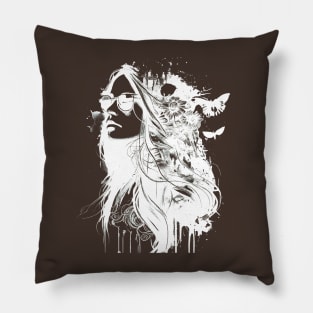 Black and white hippie portrait woman with flowers Pillow