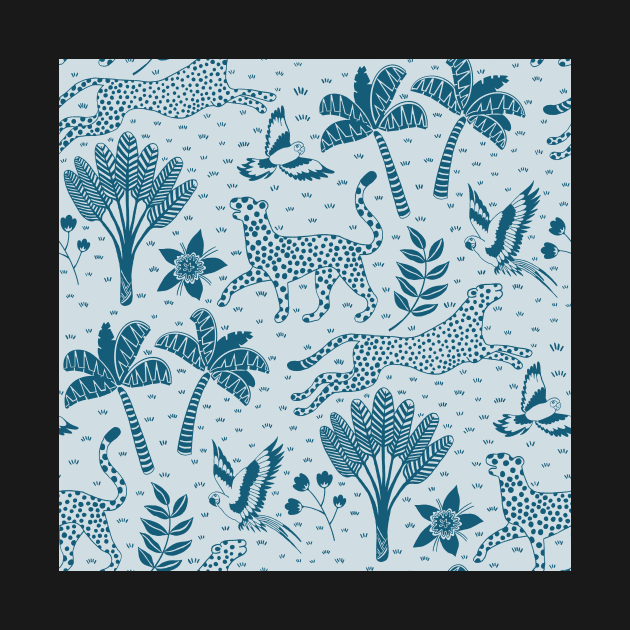 cheetahs and parrots in the jungle | blue monochrome | repeat pattern by colorofmagic