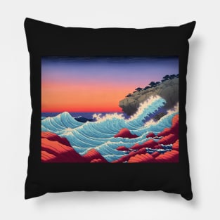 Ukiyo-e Japanese Art - Waves Crashing Against a Rocky Coast at Sunset Pillow