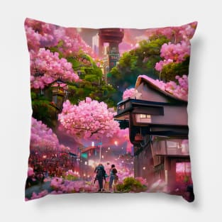 Japanese Sakura Flower Street of Garden World of Cherry Pink Blossoms Pillow