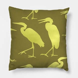 Blue Heron Walking Gold Fill on Khaki Pillow