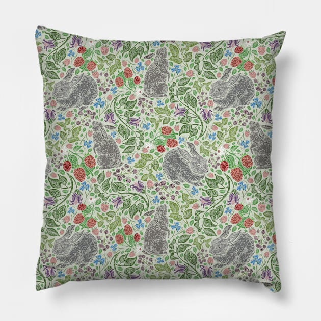 Grey rabbits with berries and bluebells on light green background Pillow by PinataFoundry