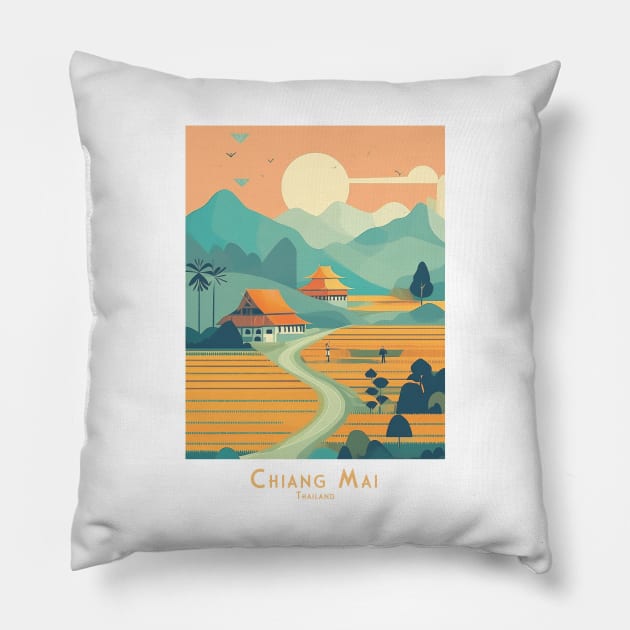 Vintage Retro abstract Serene Chiang Mai Landscape Pillow by POD24