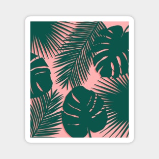 Coral Pink and Green Tropical Leaves Magnet