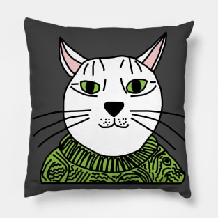 Portrait of Green Sweater Cat Pillow