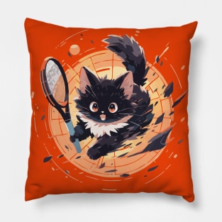 Energetic fluffy cat playing tennis (bold) Pillow