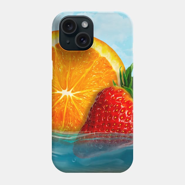 Orange and strawberry in water, strawberry dropped into blue ocean Phone Case by vocej