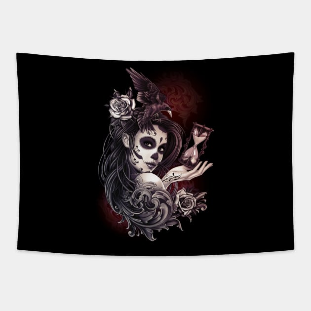 Sugar Skull day of the dead Girl with Crow Roses Tapestry by bomazu