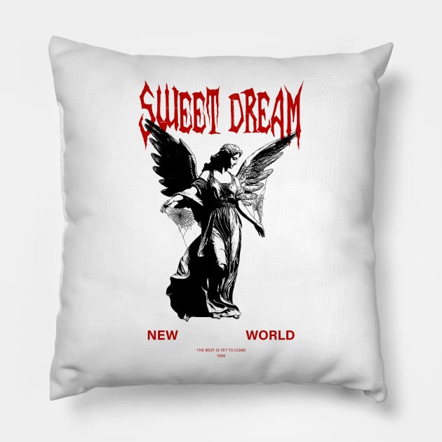 Gothic statue of an angel with a spider web. Sweet Dream of a New World. Pillow by NKTN