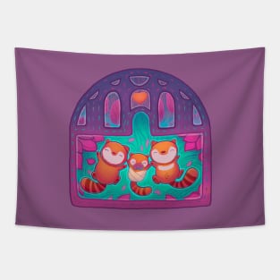 Cozy raccoon family sleeping in the root tree Tapestry