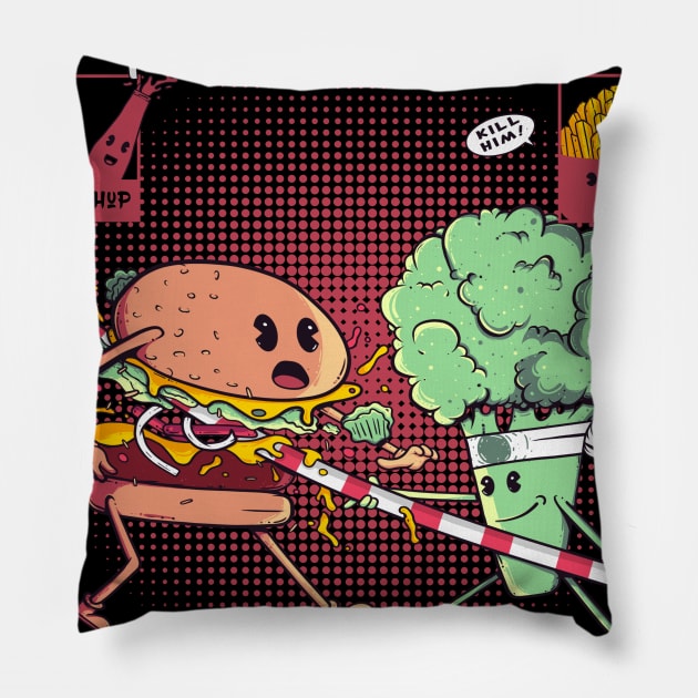 FOOD FIGHT Pillow by NathanRiccelle