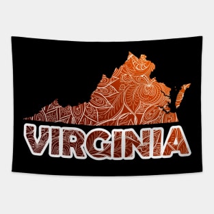 Colorful mandala art map of Virginia with text in brown and orange Tapestry