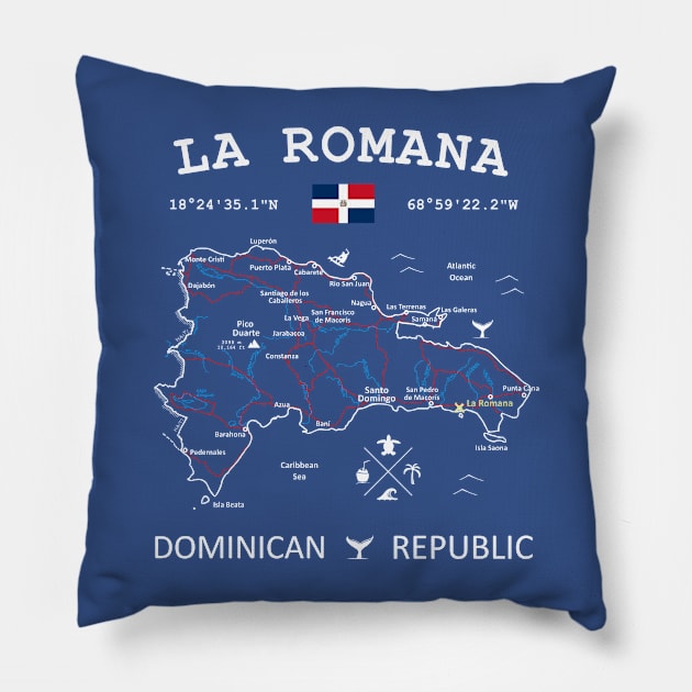 La Romana Dominican Republic Flag Travel Map Coordinates GPS Pillow by French Salsa